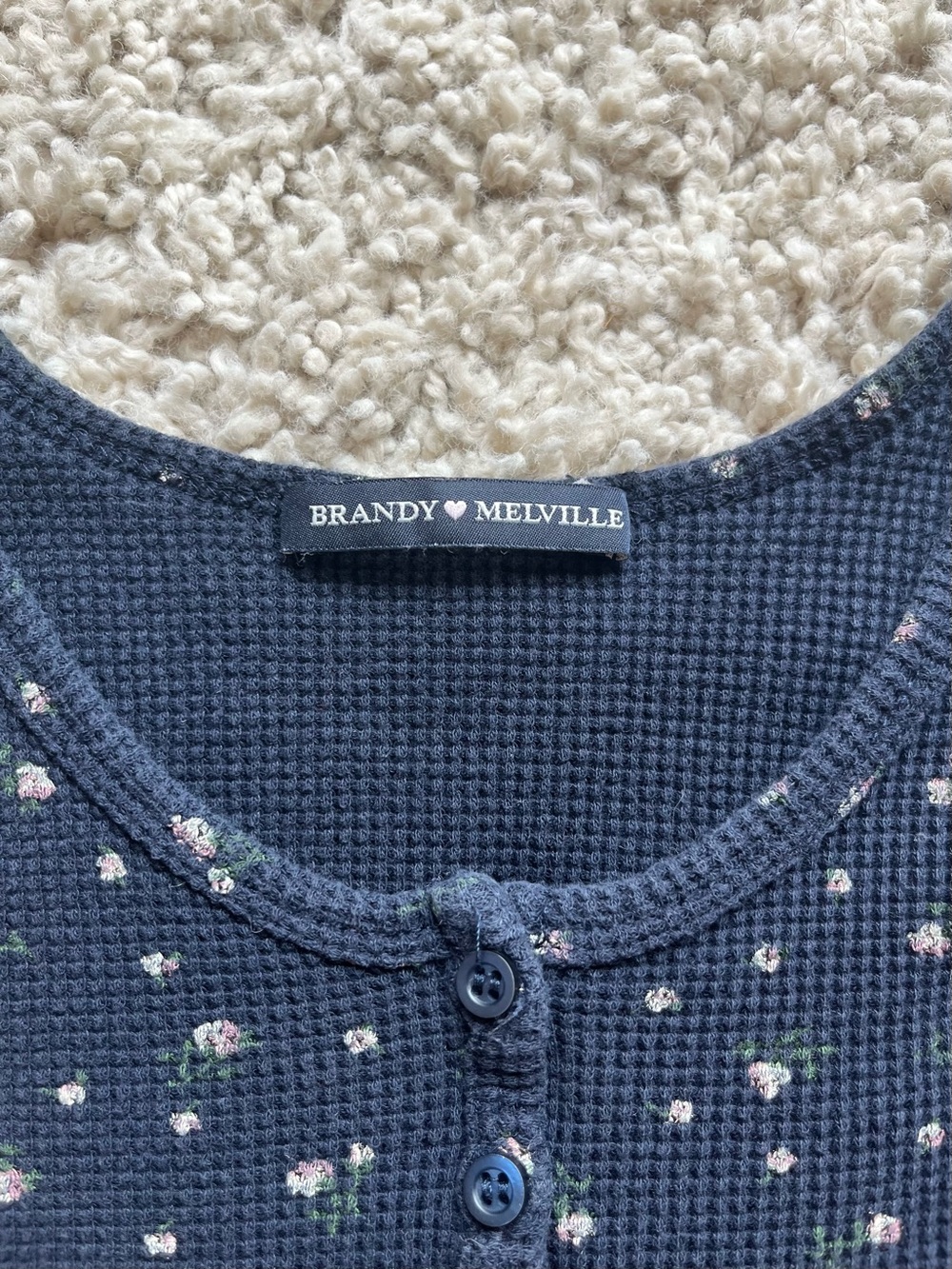 Brandy Melville Navy Tank Top with Cream Floral Pattern - Picture 2 of 7